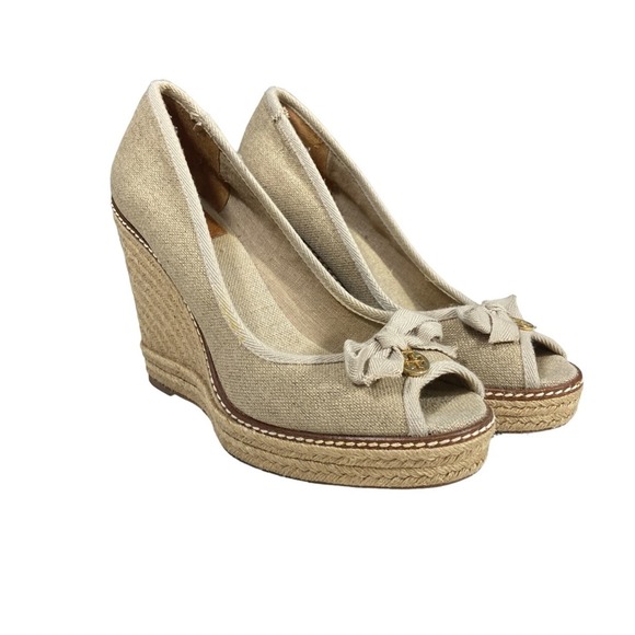 Tory Burch Jackie canvas peep toe wedge espadrille heels 9.5 M - Picture 3 of 14
